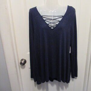 NWT Old Navy XL Long Sleeve Top, Blue, Criss Cross Lacing Silver Metallic Flecks